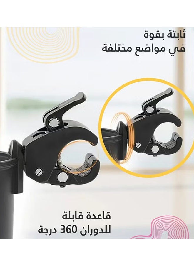Universal Cup and Phone Stroller Holder, 2 in 1 Clip On Drink Mount with 360° Rotation for Stroller, Bike, Wheelchair, Walker, Scooter and Bicycle, Pram Drink Bottle Storage Rack, Black - Image 3
